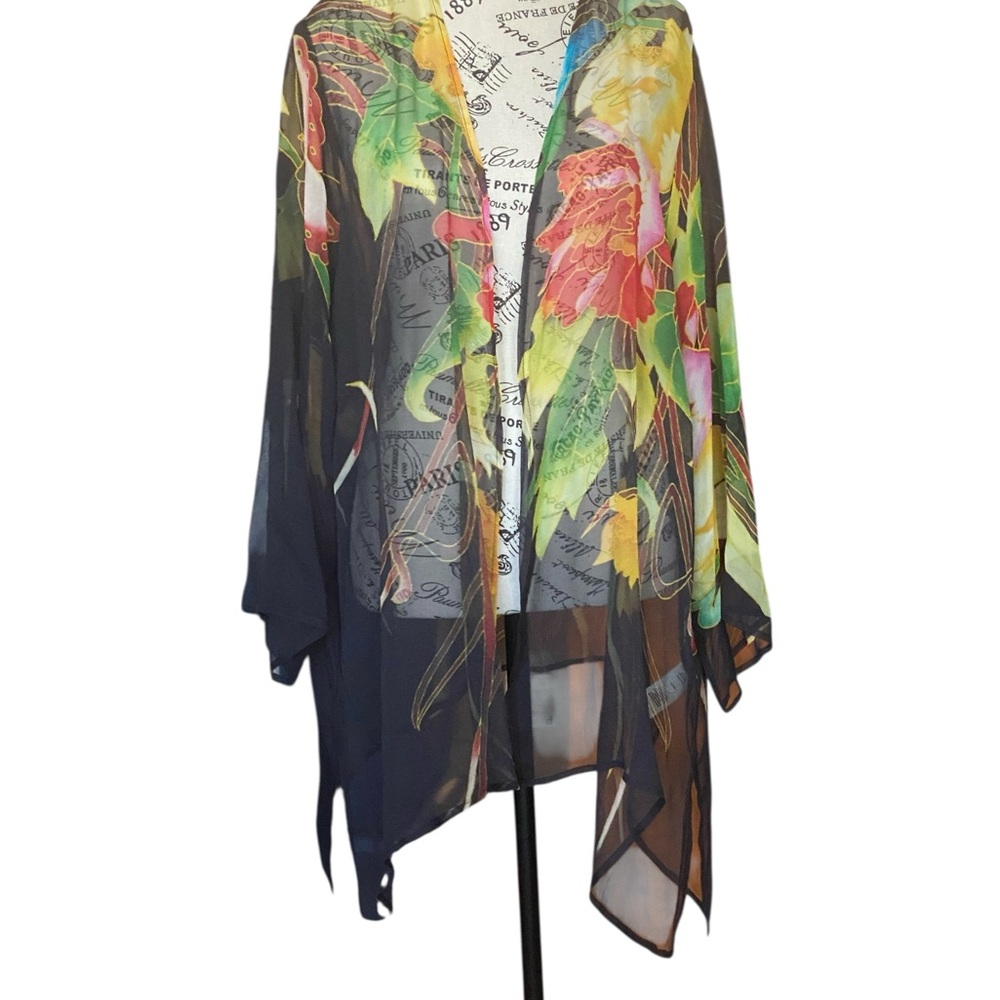 Soft Surroundings Floral Sheer Kimono in Black with Multicolor Floral Print